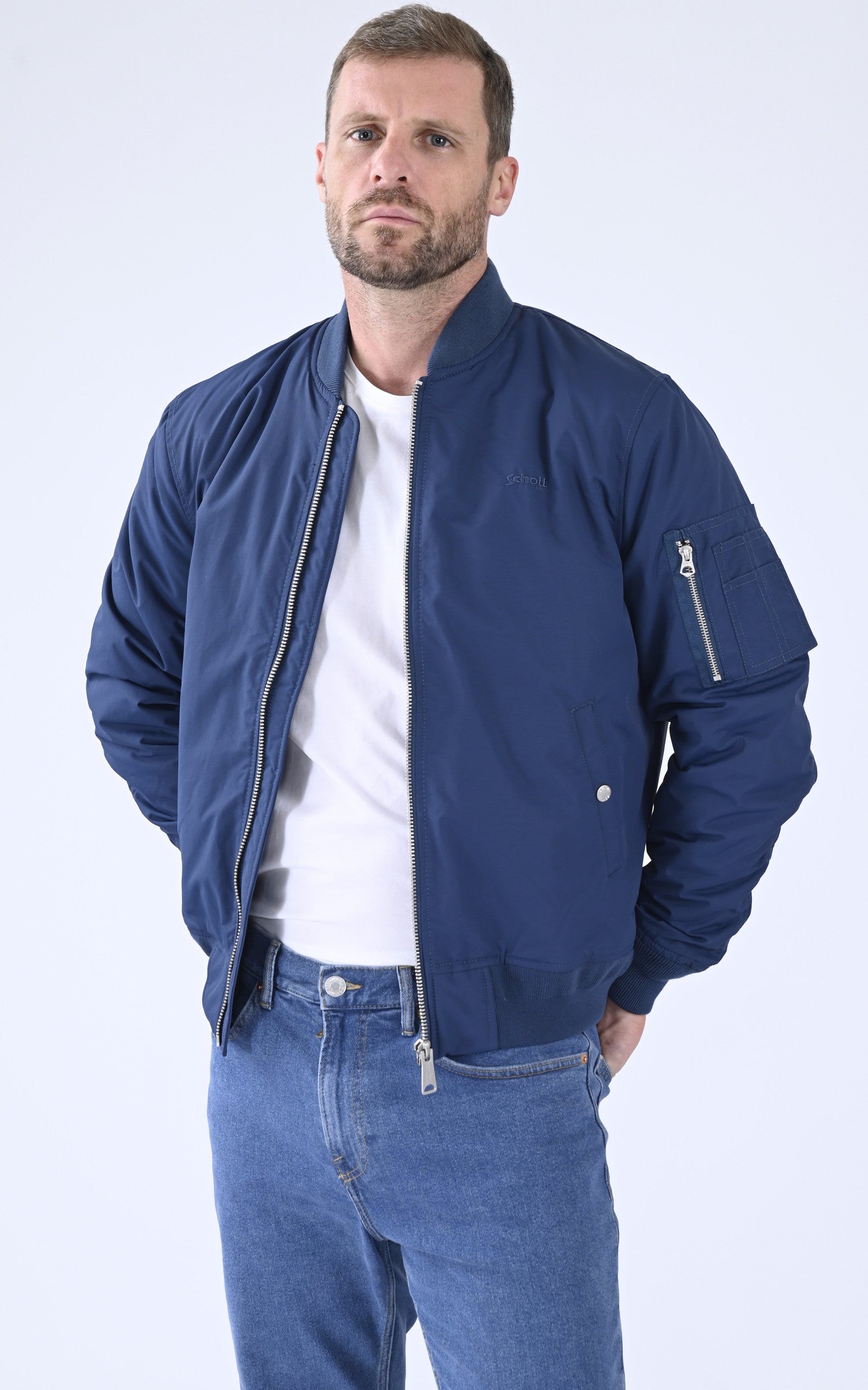 A &quot;AIRKRAFT&quot; Bleu Marine Schott Blouson Homme opened photo