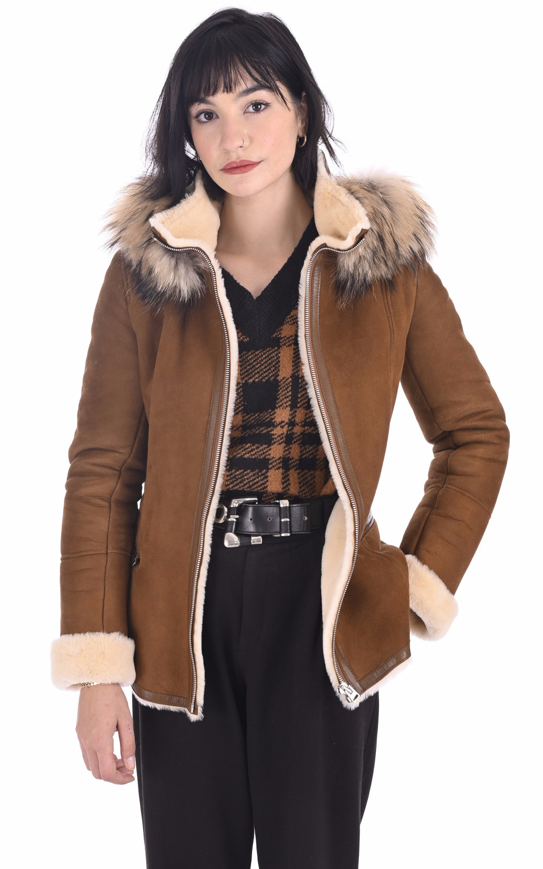 A &quot;ELENA SOFT VELOURS FF&quot; Camel La Canadienne Veste Femme opened photo