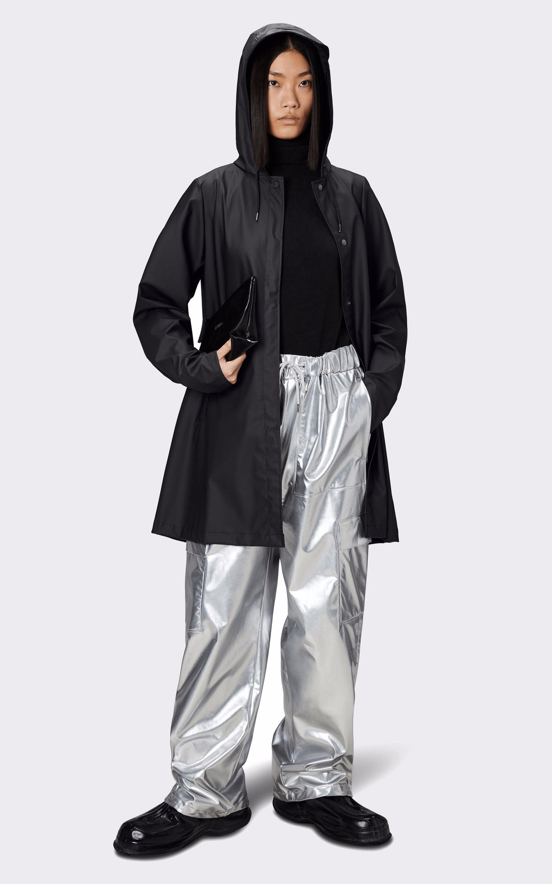 A &quot;18050 A-LINE JACKET&quot; Noir Rains 3/4 Femme opened photo