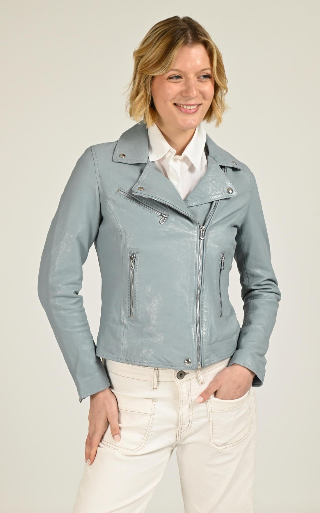 Blouson Cuir Femme Rose Garden, modèle Anthea 104177 de couleur winter sky