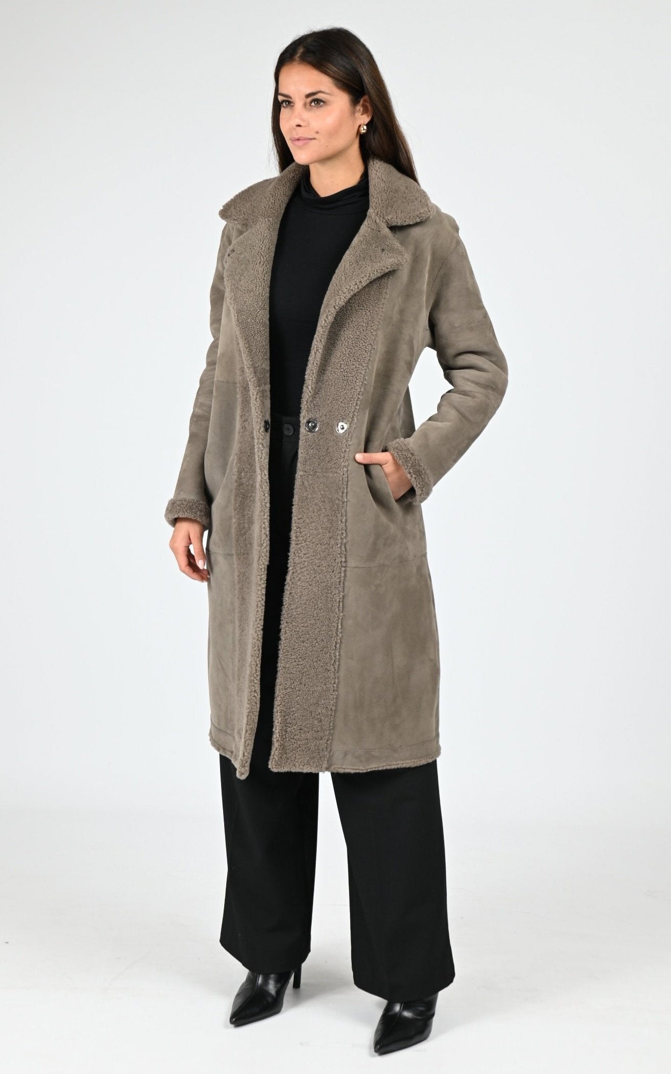 Manteau réversible peau lainée Aina taupe 2