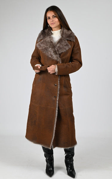 BROWN by 2-tacs Yak wool half coat サイズL La Canadienne Women's Brown Long Toscana Lamb Coat - La Canadienne