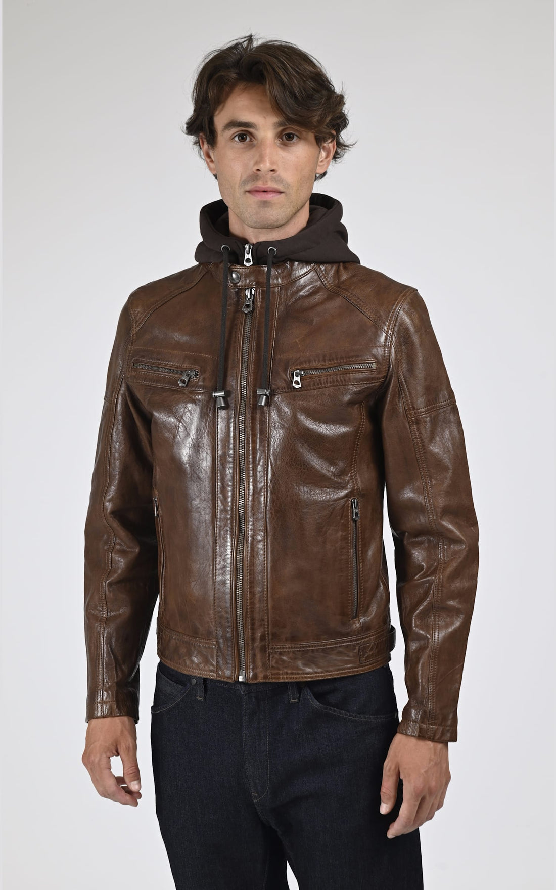 Blouson Cuir Homme Daytona 73, modèle Bishop hood 101126 de couleur marron
