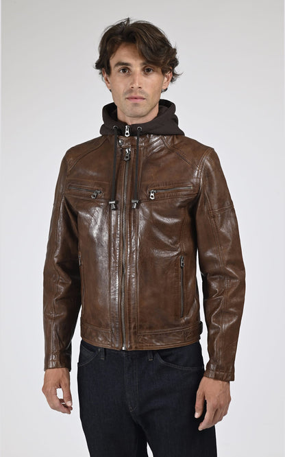 Blouson Cuir Homme Daytona 73, modèle Bishop hood 101126 de couleur marron