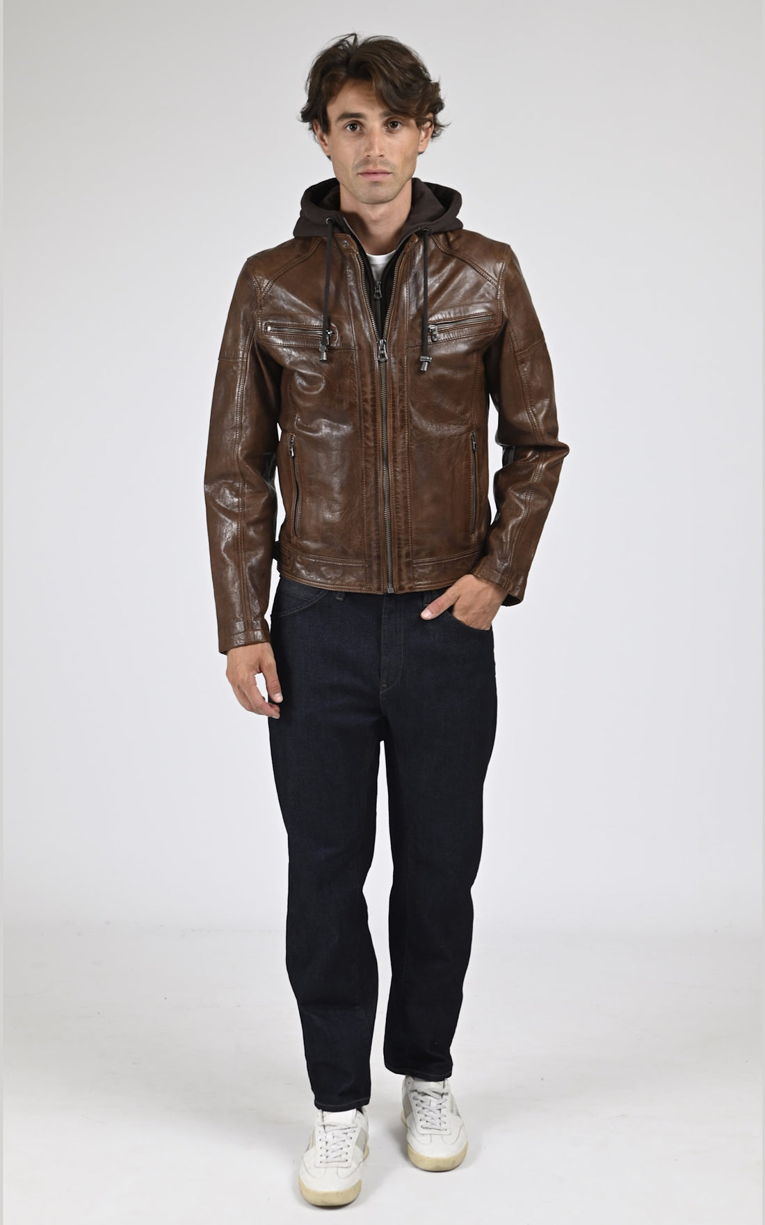 Blouson Cuir Homme Daytona 73, modèle Bishop hood 101126 de couleur marron