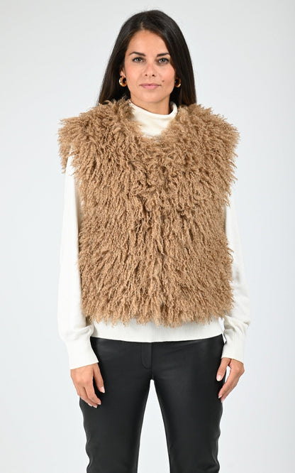 Gilet sans manche fausse fourrure camel
