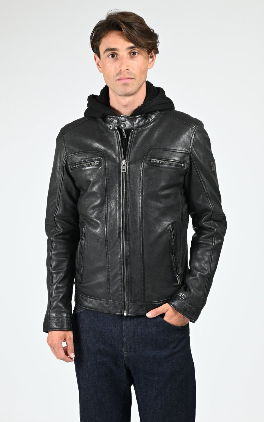 Blouson Cuir Homme Oakwood, modèle Drink 63036 de couleur noir