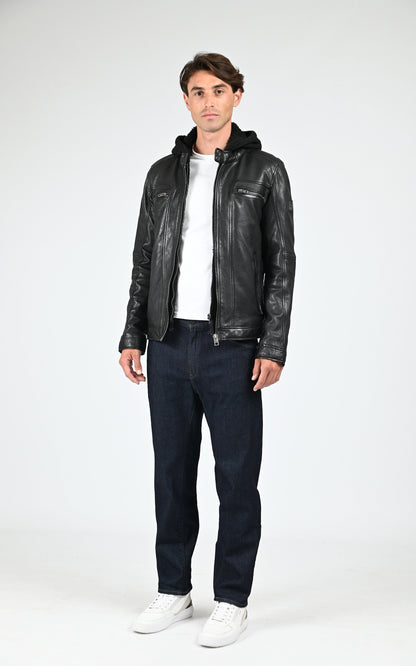 Blouson Cuir Homme Oakwood, modèle Drink 63036 de couleur noir