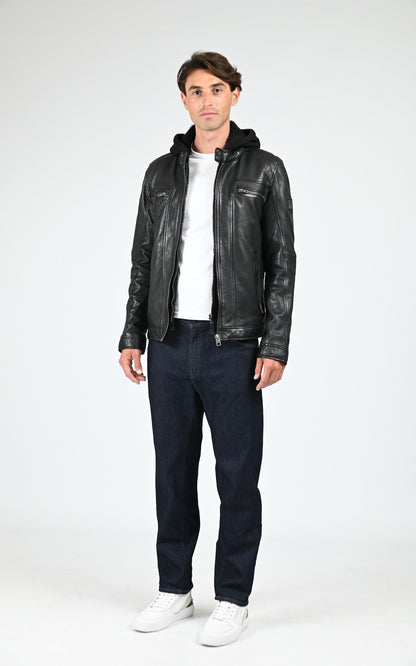 Blouson Cuir Homme Oakwood, modèle Drink 63036 de couleur noir