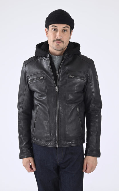 Blouson Cuir Homme Oakwood, modèle Drink 63036 de couleur noir