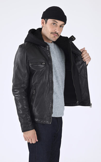 Blouson Cuir Homme Oakwood, modèle Drink 63036 de couleur noir