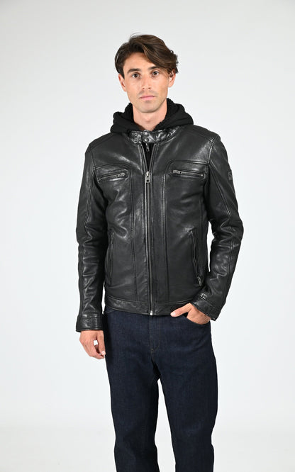 Blouson Cuir Homme Oakwood, modèle Drink 63036 de couleur noir