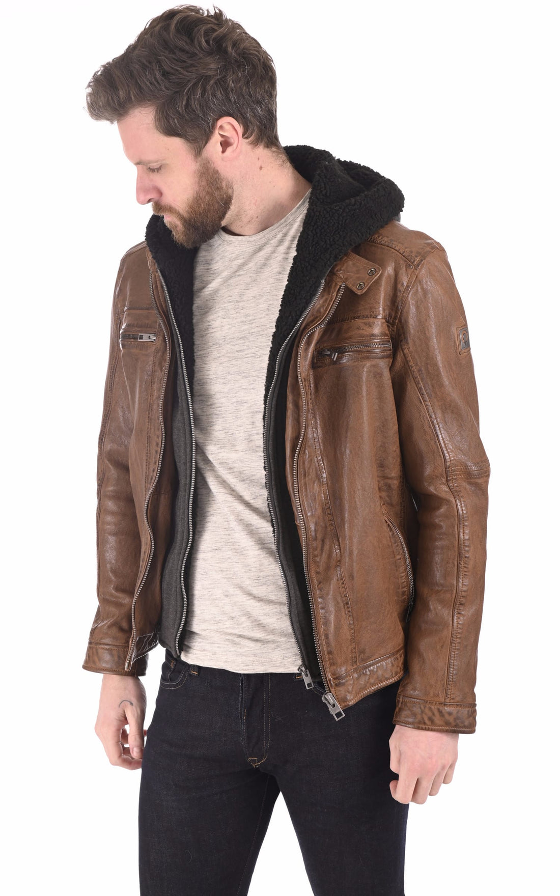 Blouson Cuir Homme Oakwood, modèle Drink 63036 de couleur marron