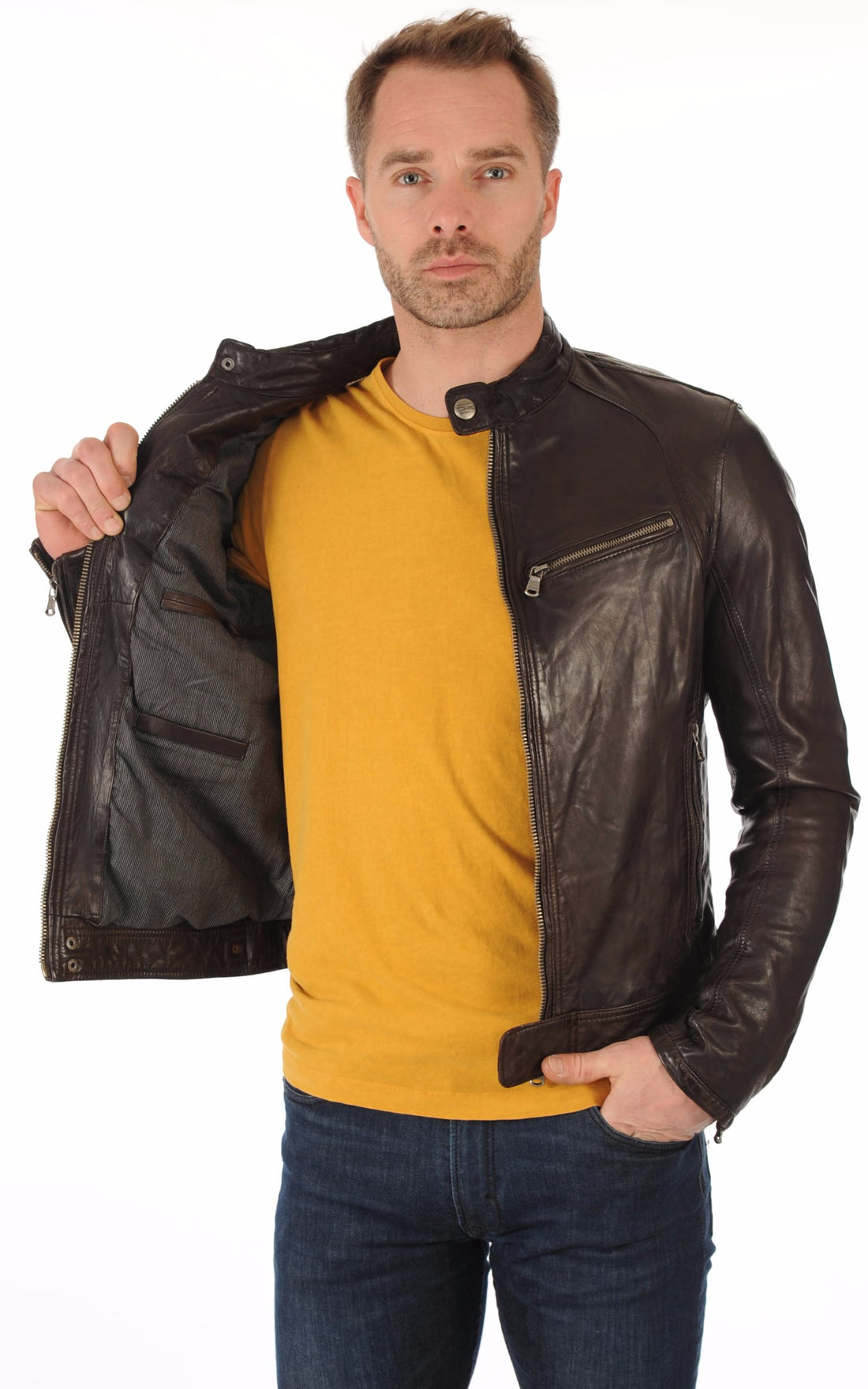 Blouson cuir homme Daytona 73, modèle Dustin 100233 de couleur Marron - vue ouverte