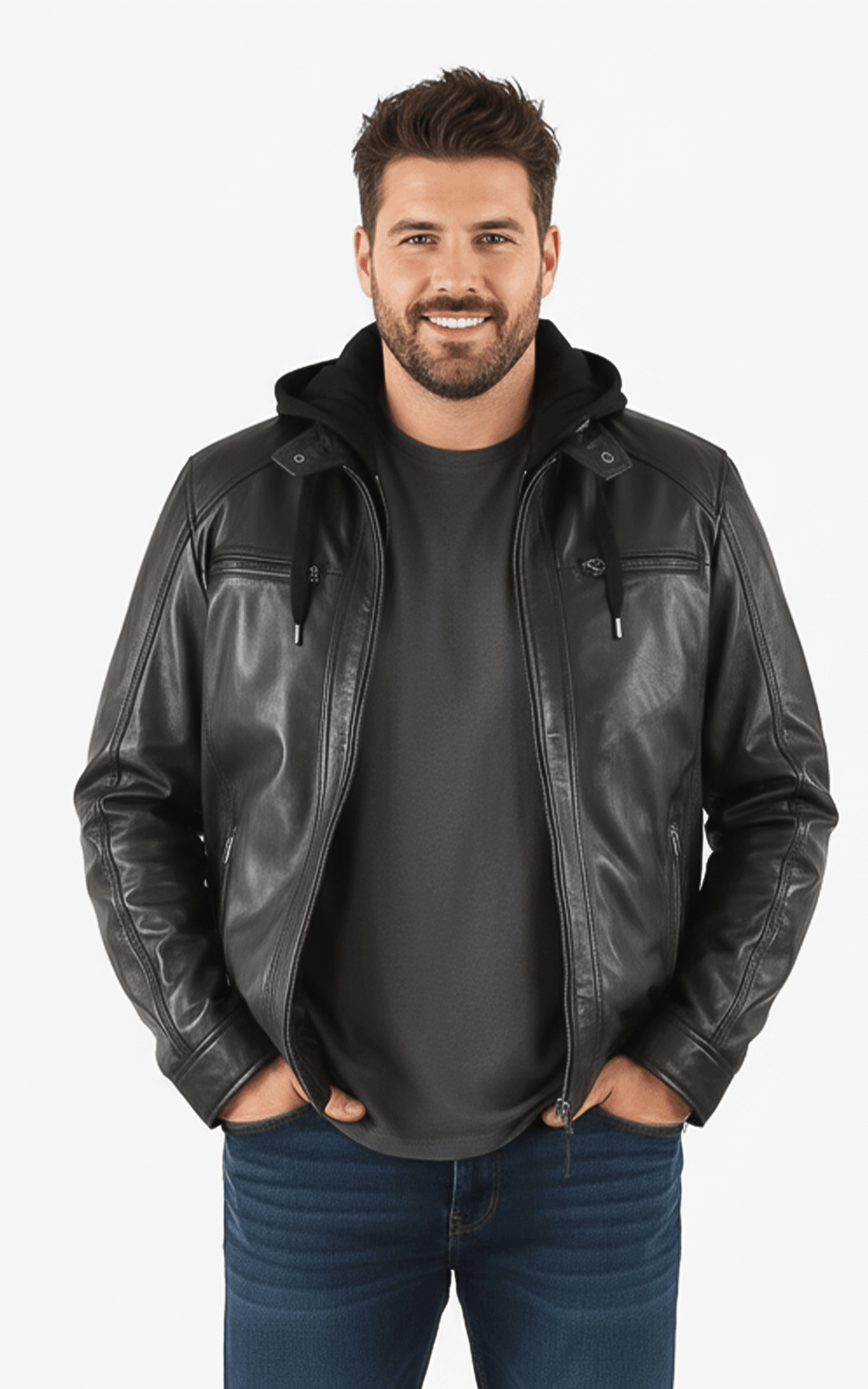 Blouson capuche cuir Erico Hood noir