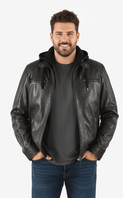 Blouson capuche cuir Erico Hood noir