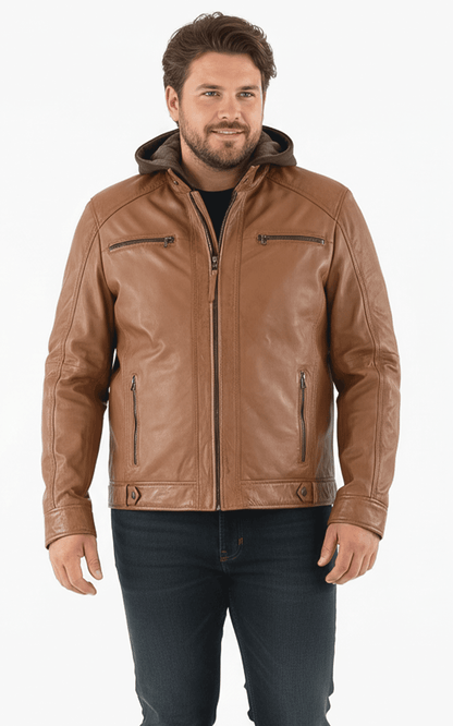Blouson cuir capuche Erico Hood marron - Grande taille