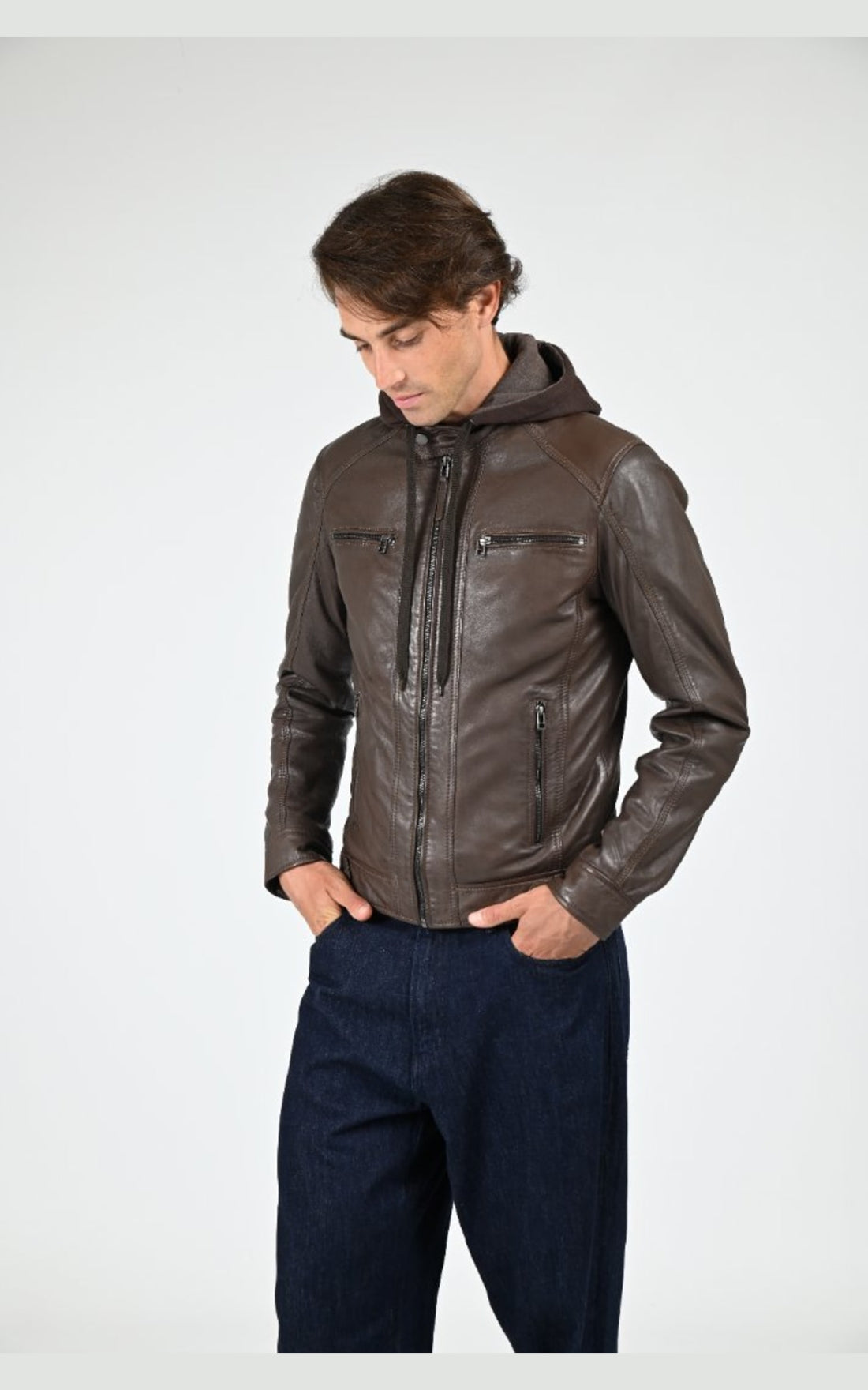 Blouson Cuir Homme Serge Pariente, modèle Eriko hood de couleur marron