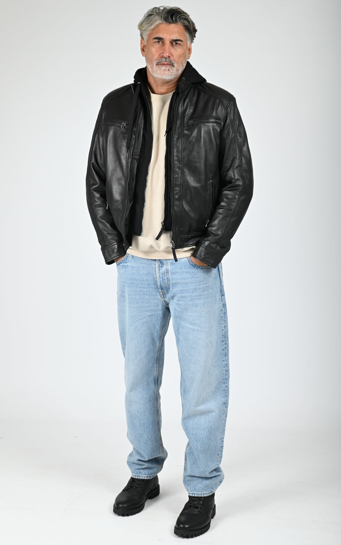 Blouson capuche cuir Erico Hood noir