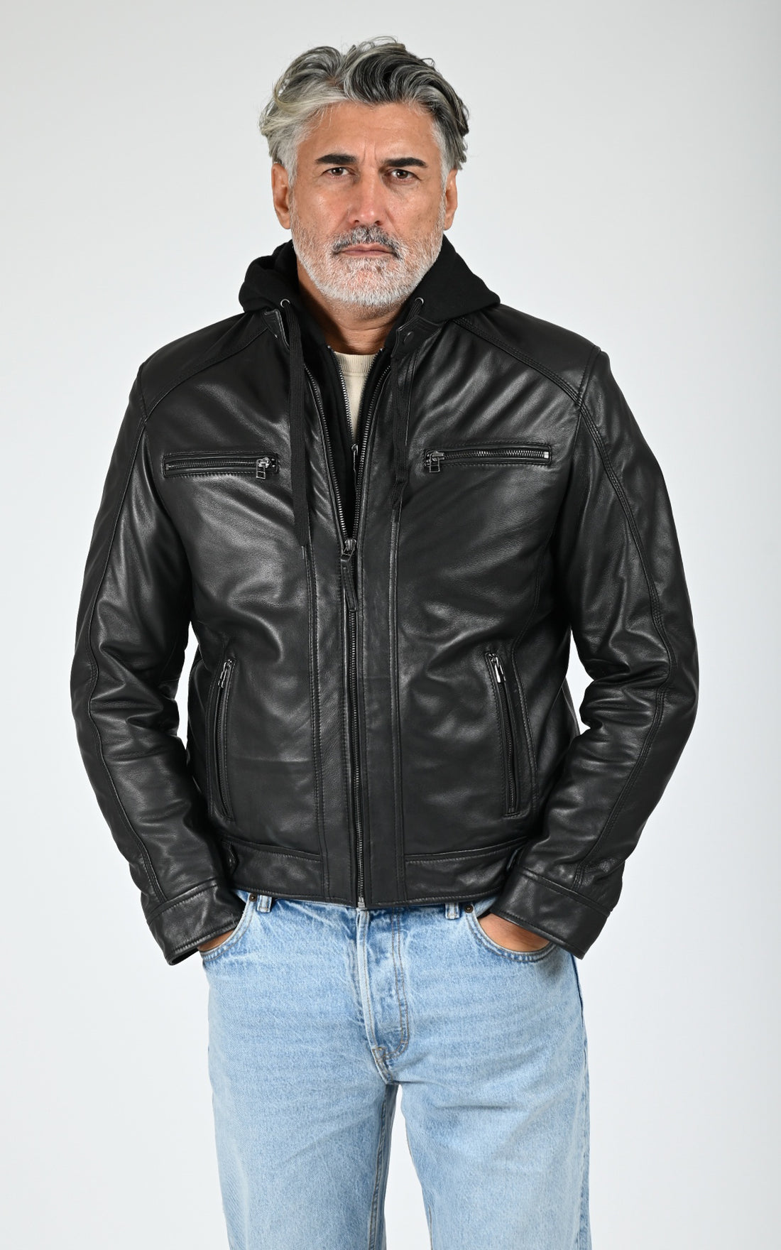 Blouson capuche cuir Erico Hood noir