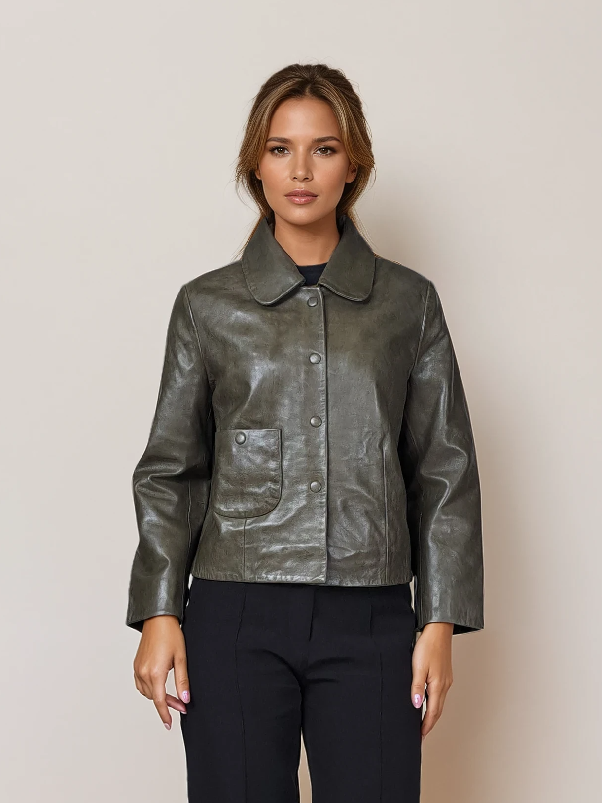 Marley, 53 cm. - Collar Lamb Polish Nappa Leather Olive 1