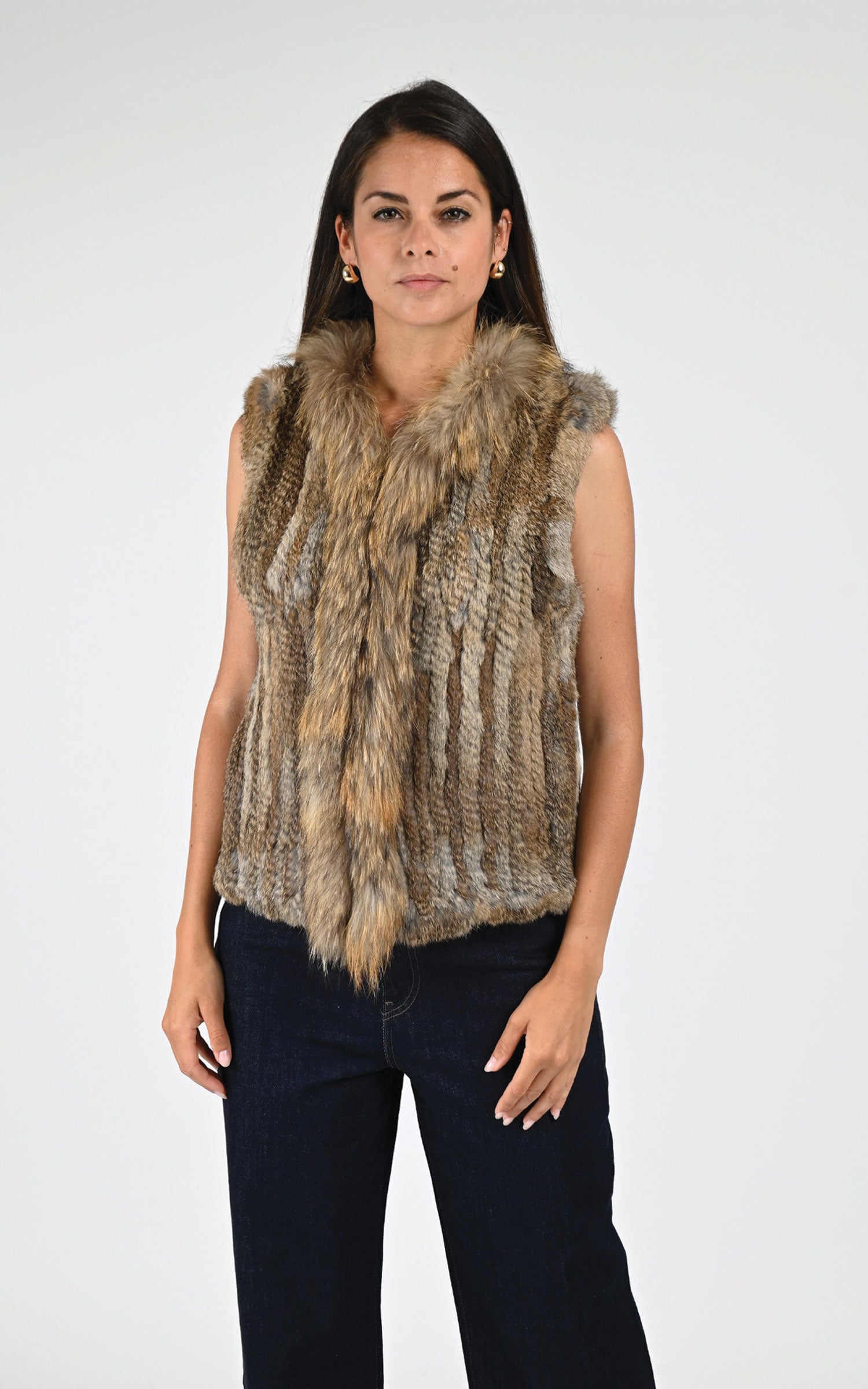Gilet fourrure lapin et finraccoon marron