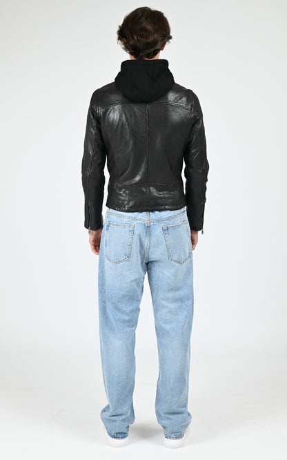 Blouson capuche cuir Winstoner noir