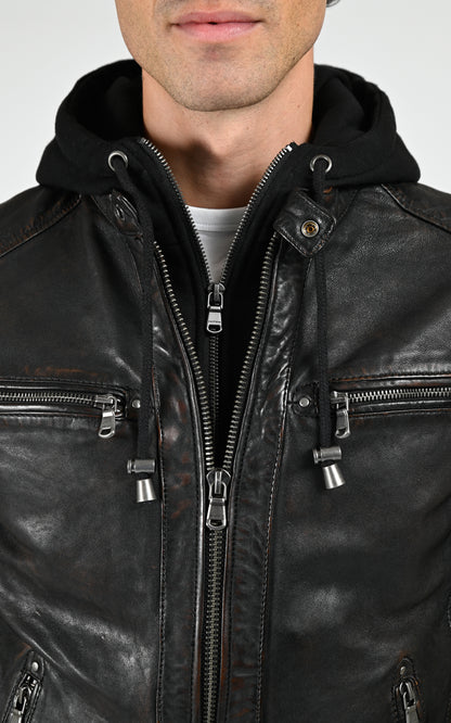 Blouson capuche cuir Winstoner noir