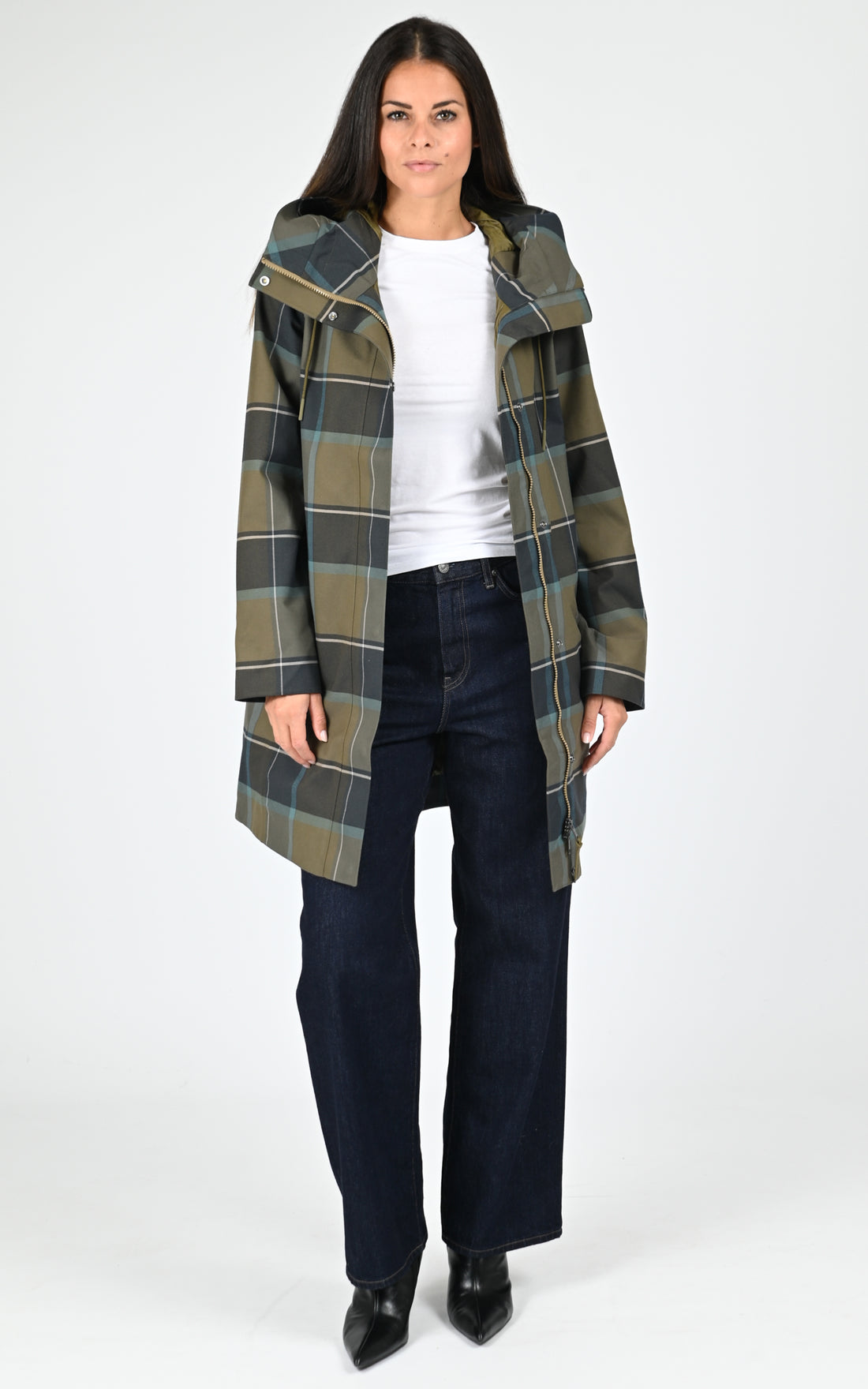Parka longue à carreaux kaki