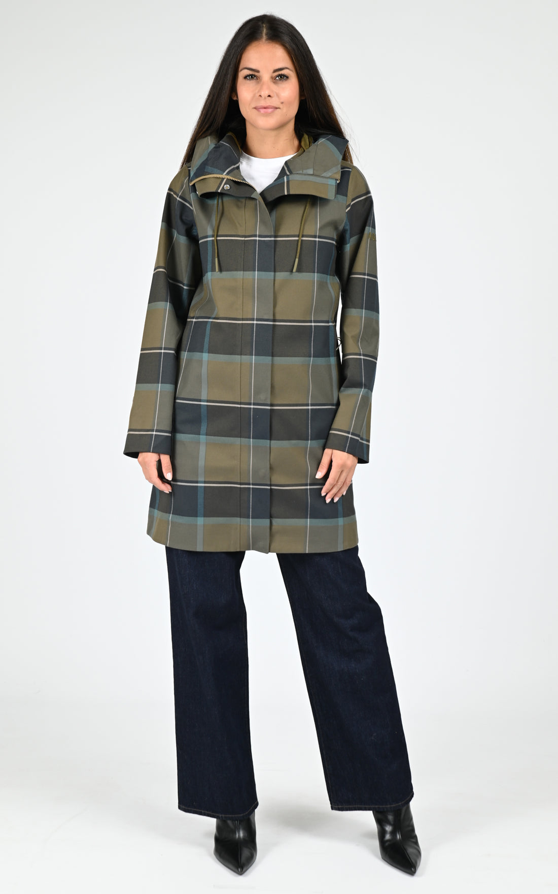 Parka longue à carreaux kaki
