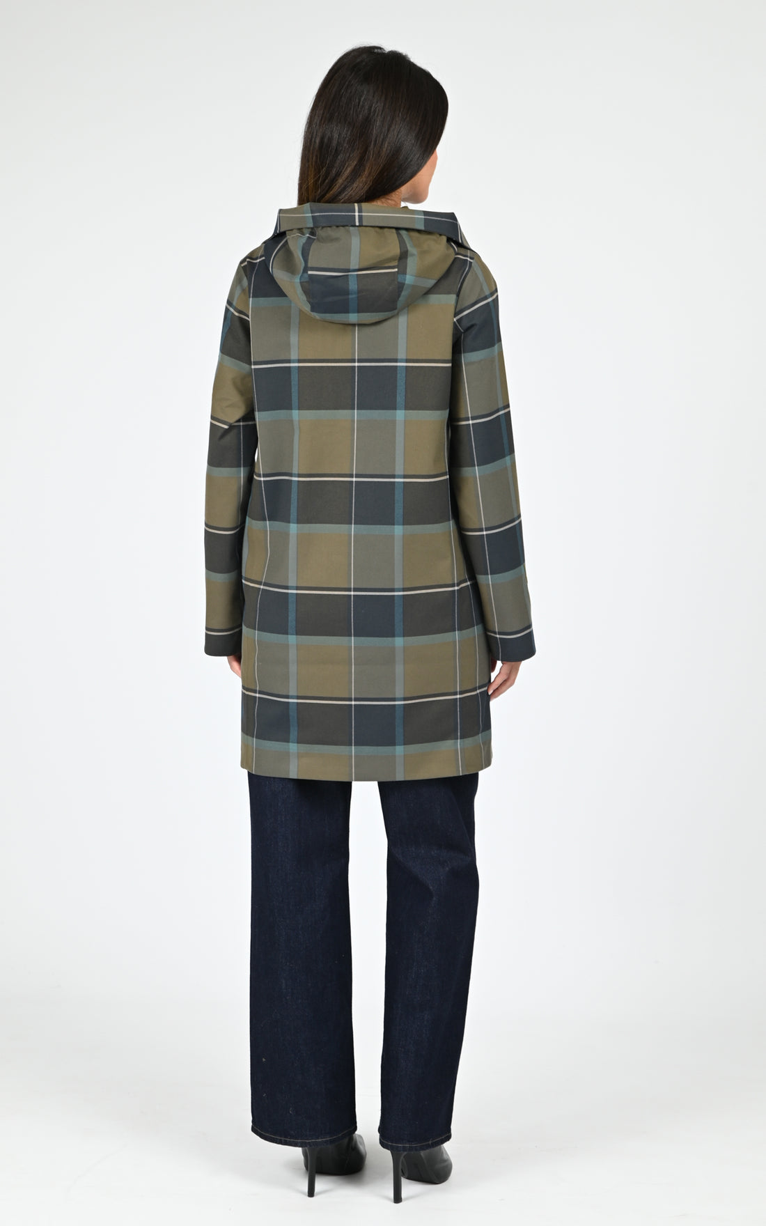 Parka longue à carreaux kaki