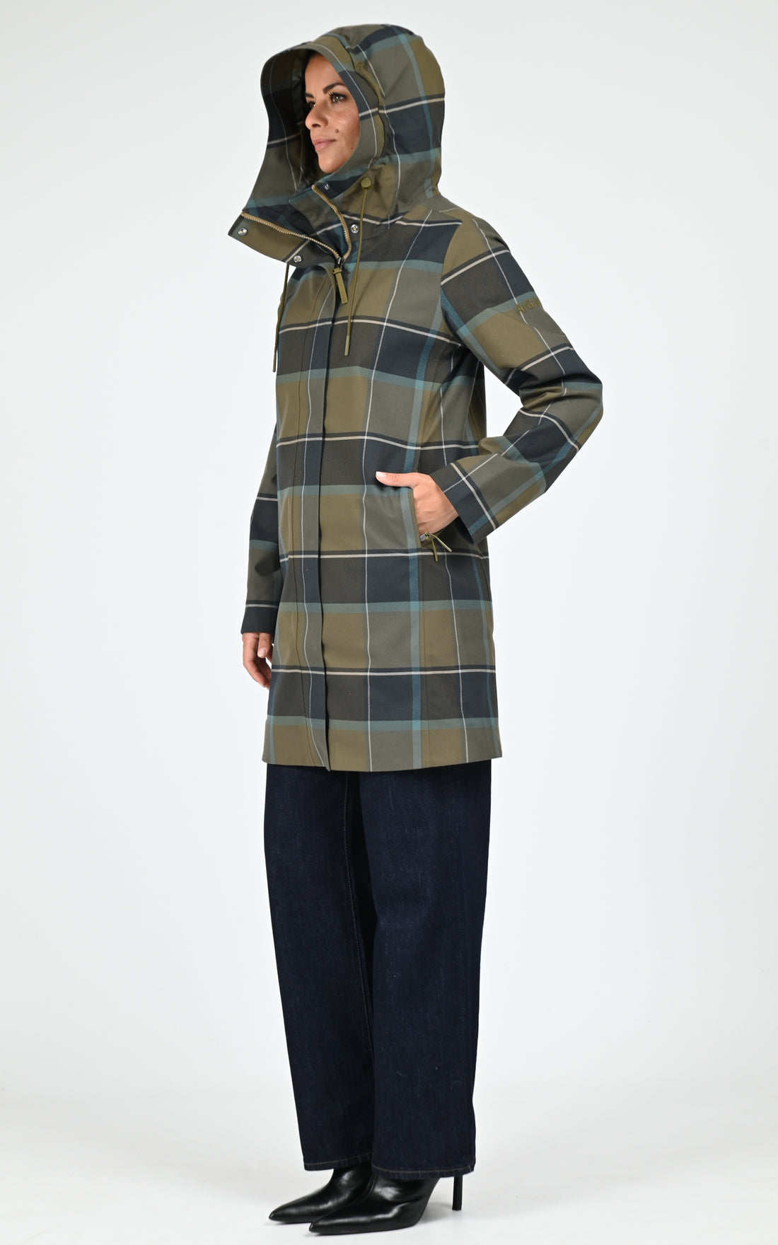 Parka longue à carreaux kaki