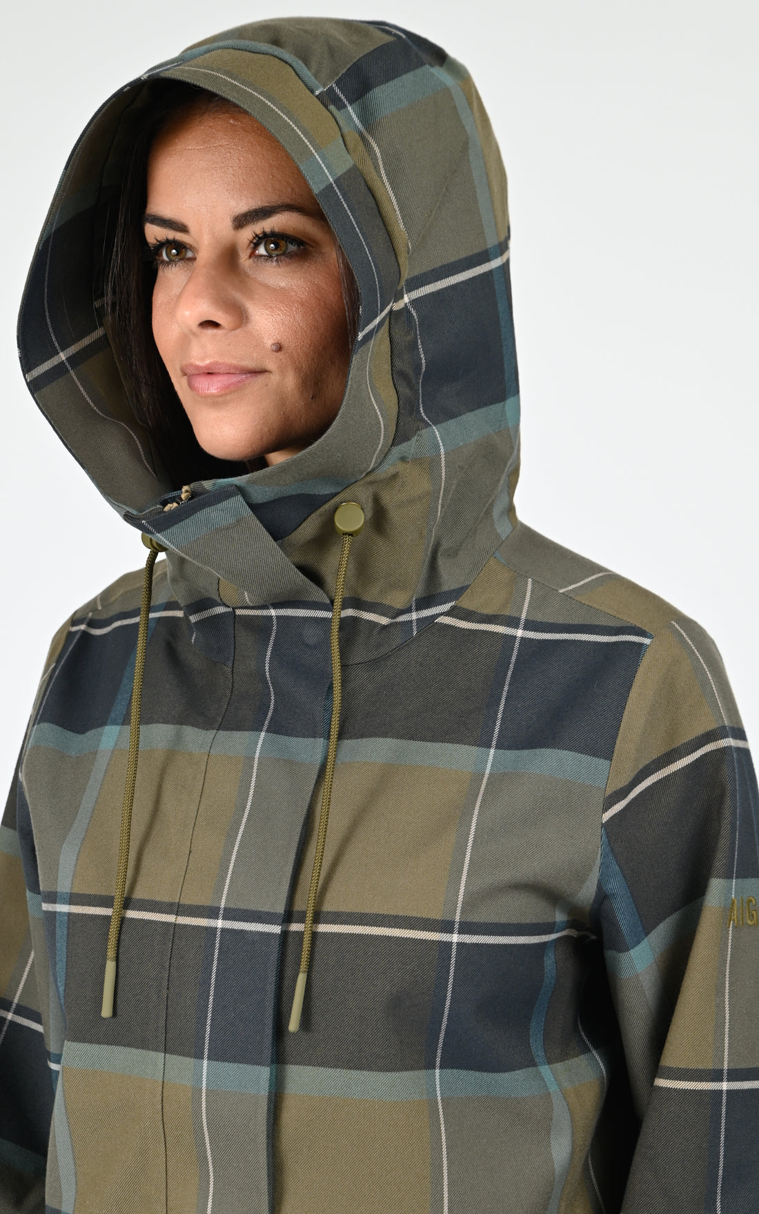 Parka longue à carreaux kaki