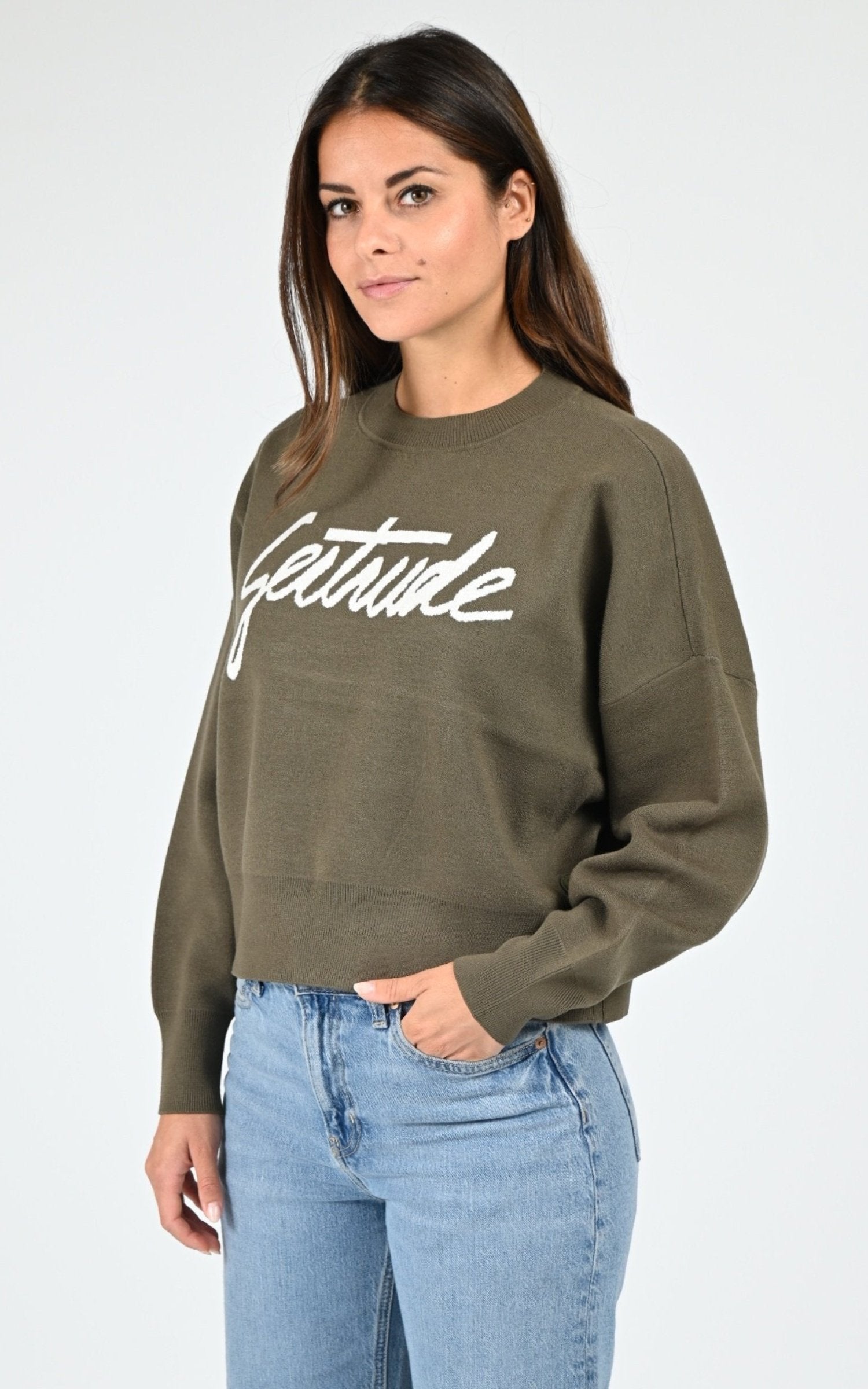 Pull Textile Femme Gertrude, modèle Nath script de couleur kaki