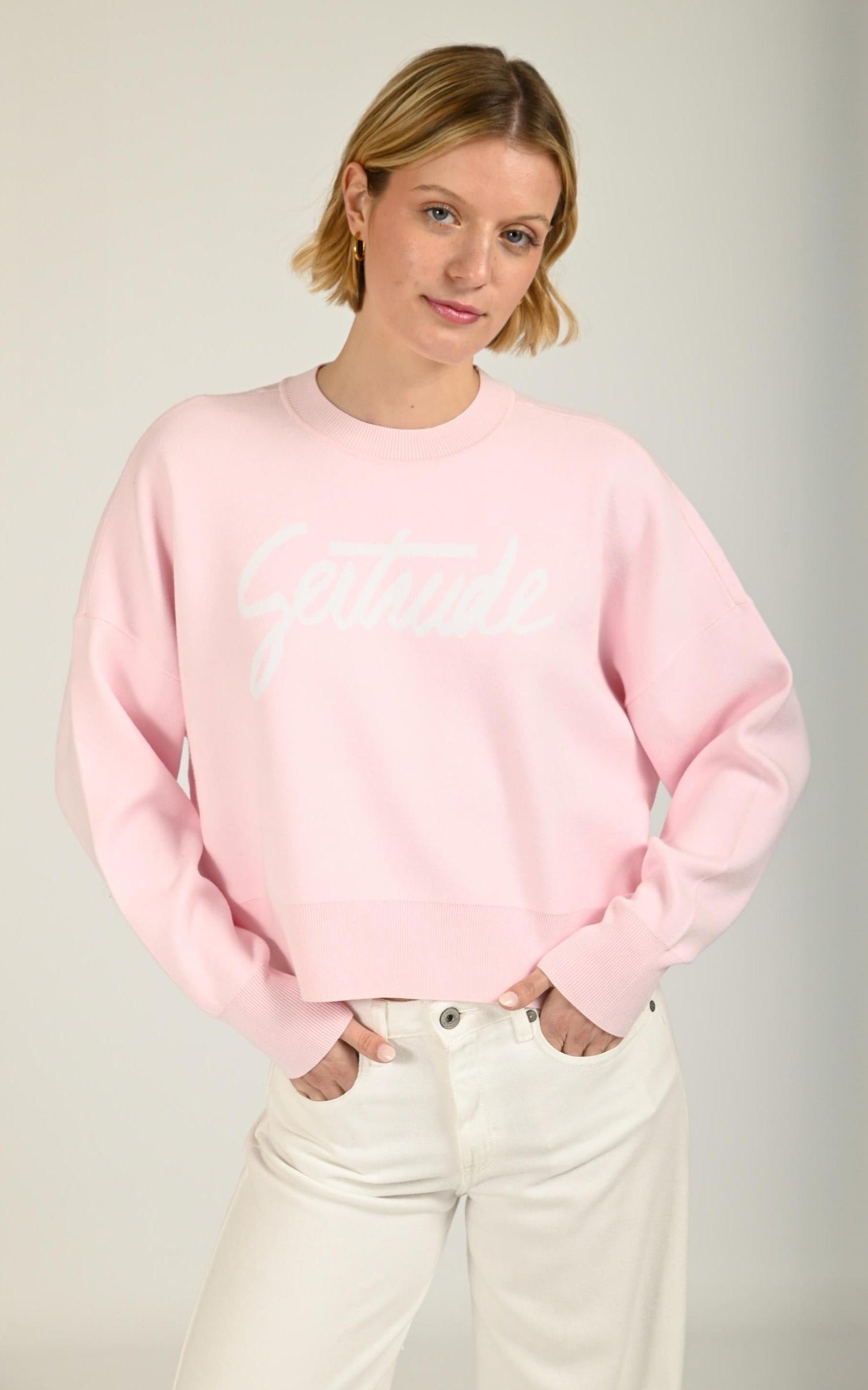 Pull Textile Femme Gertrude Et Gaston, modèle Nath script de couleur rose 1