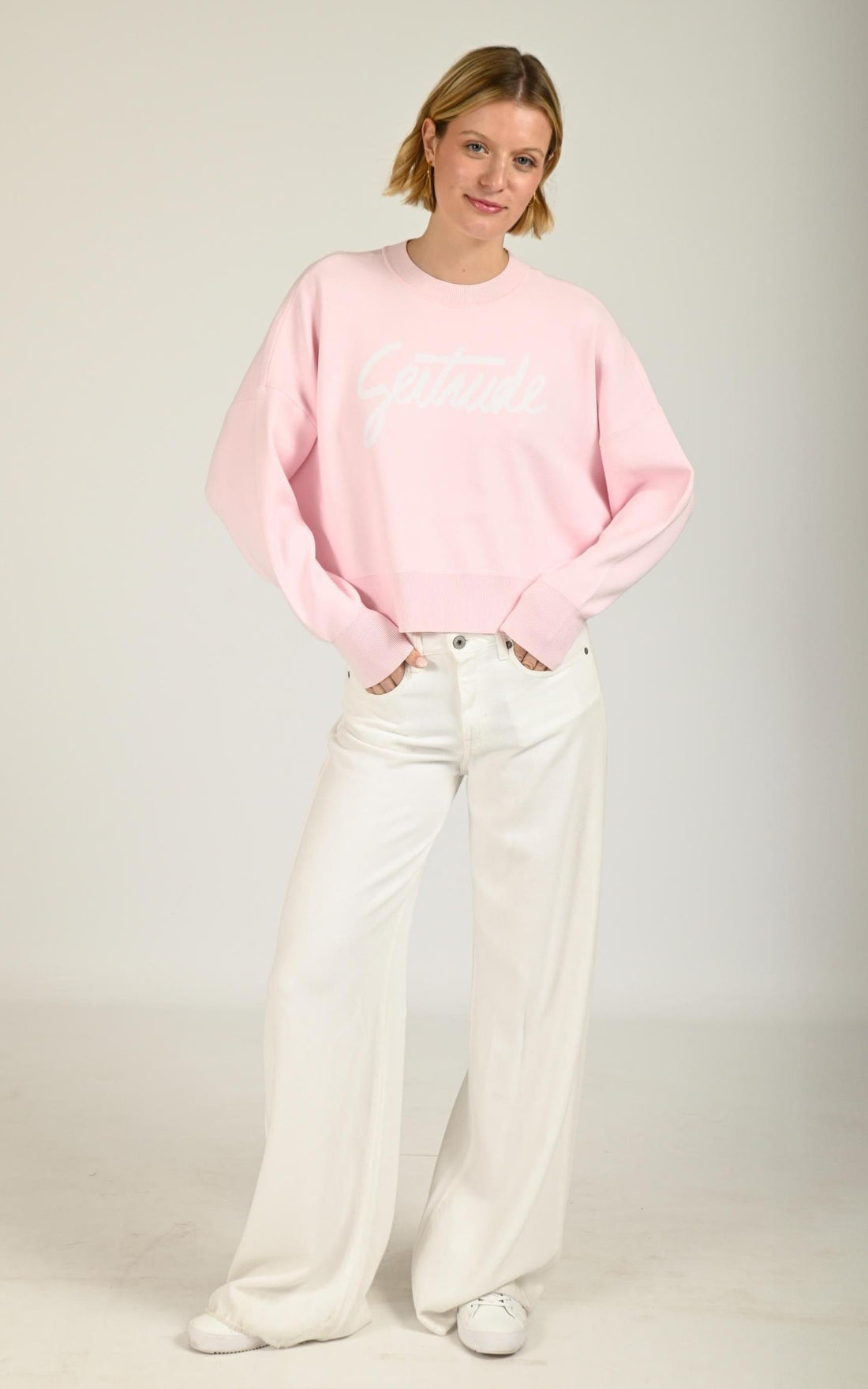 Pull Textile Femme Gertrude Et Gaston, modèle Nath script de couleur rose