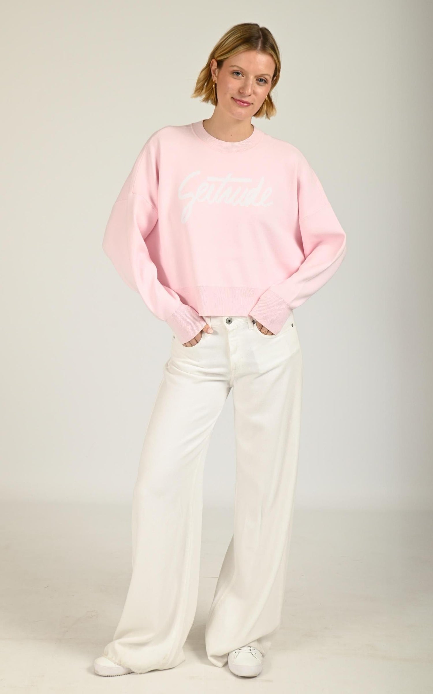 Pull Textile Femme Gertrude Et Gaston, modèle Nath script de couleur rose 2