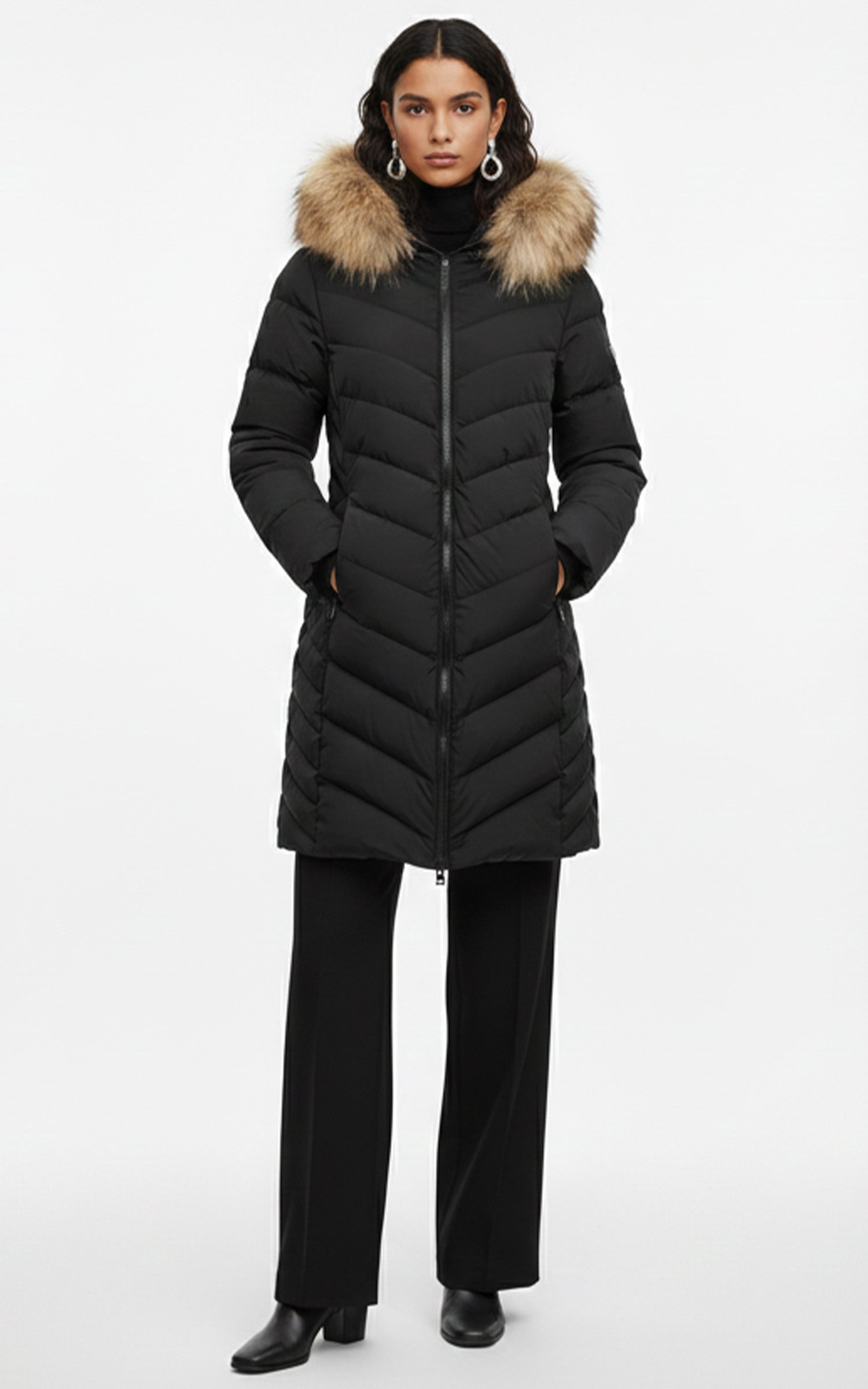 Doudoune longue avec fourrure noir 1