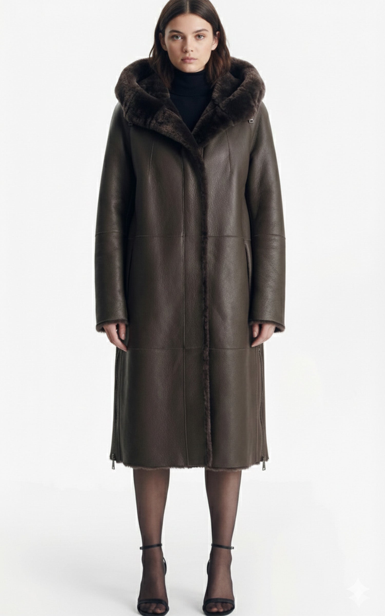 Manteau peau lainée à capuche marron