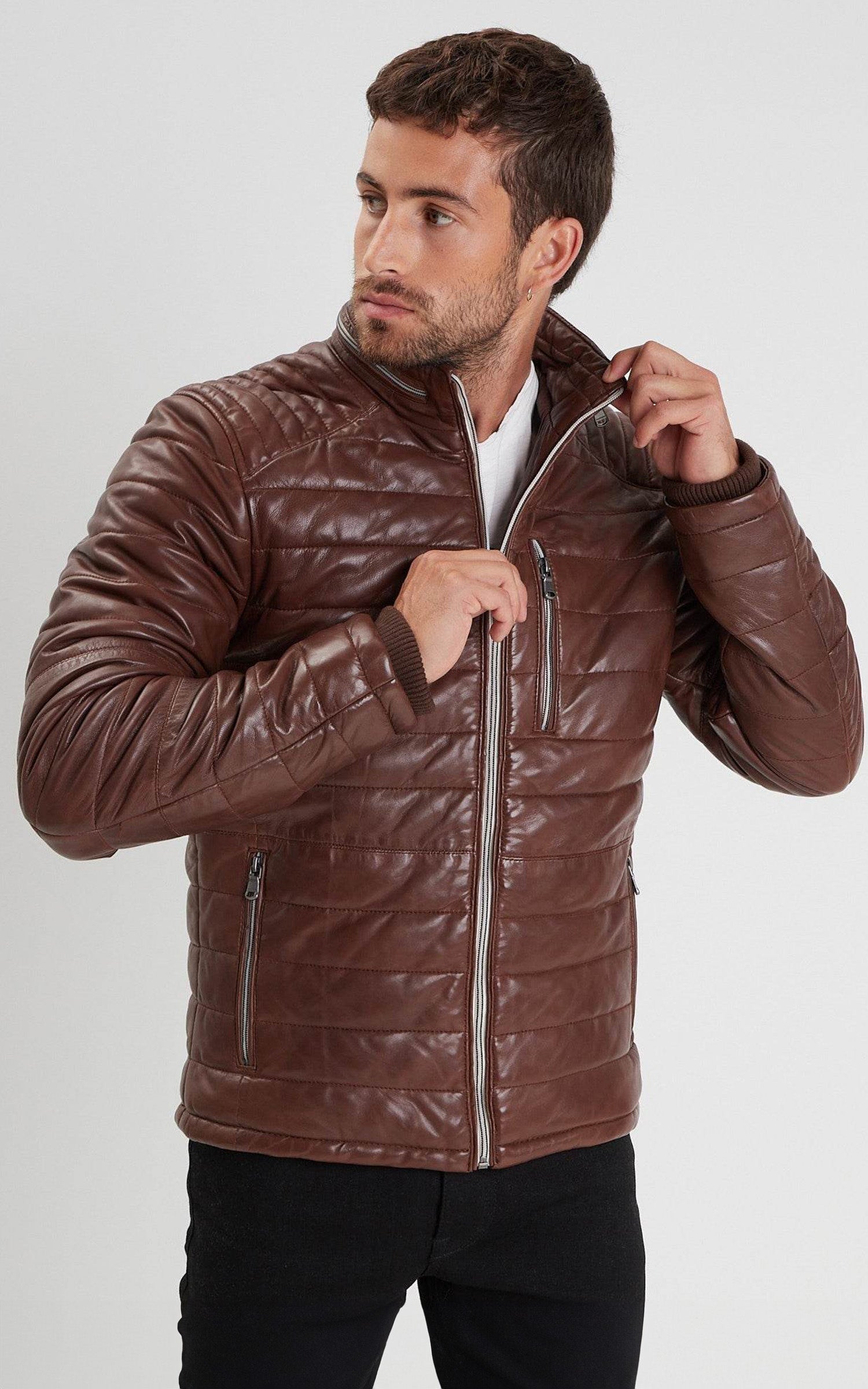 Doudoune cuir Caproni marron