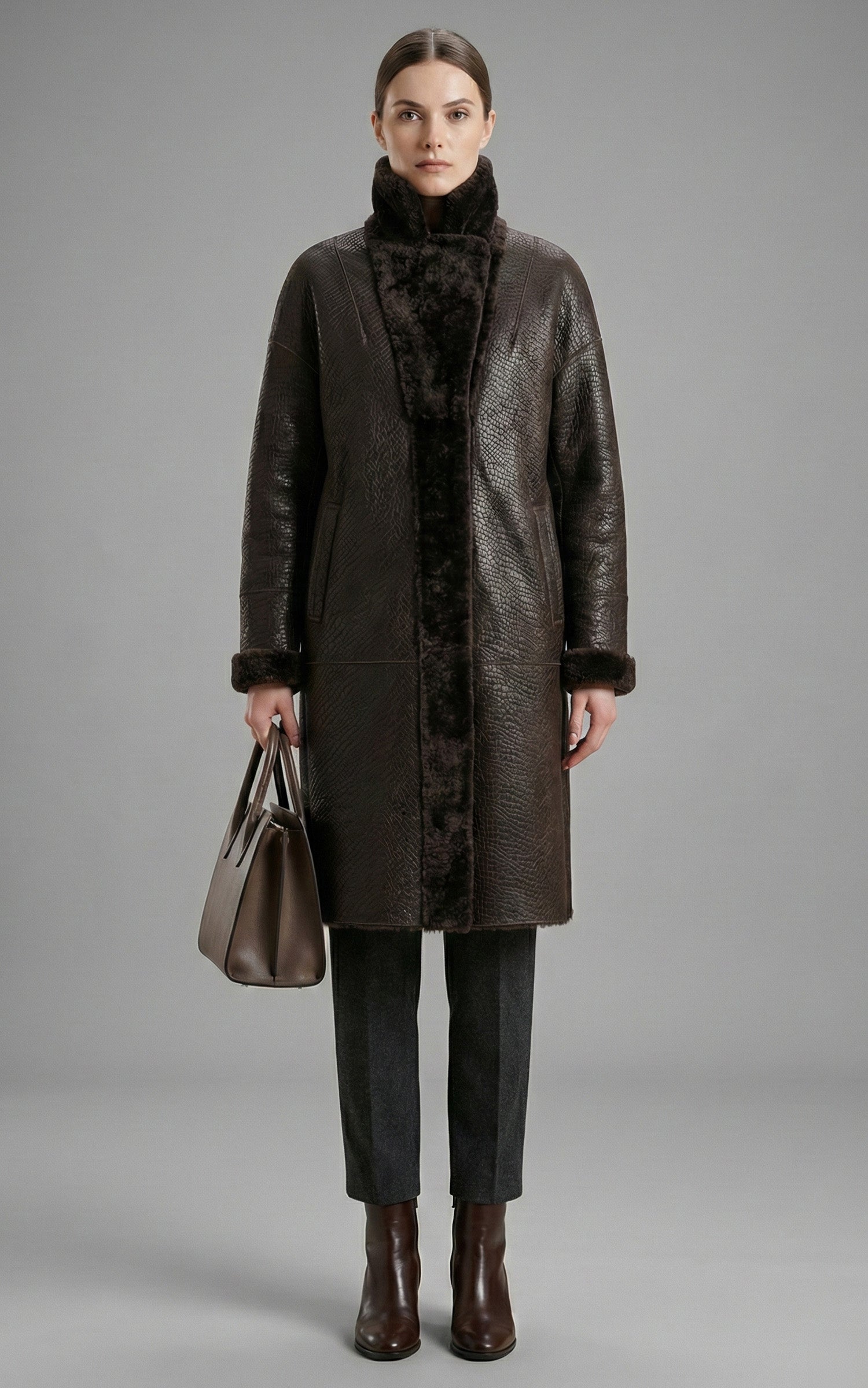 Manteau peau lainée réversible marron 1