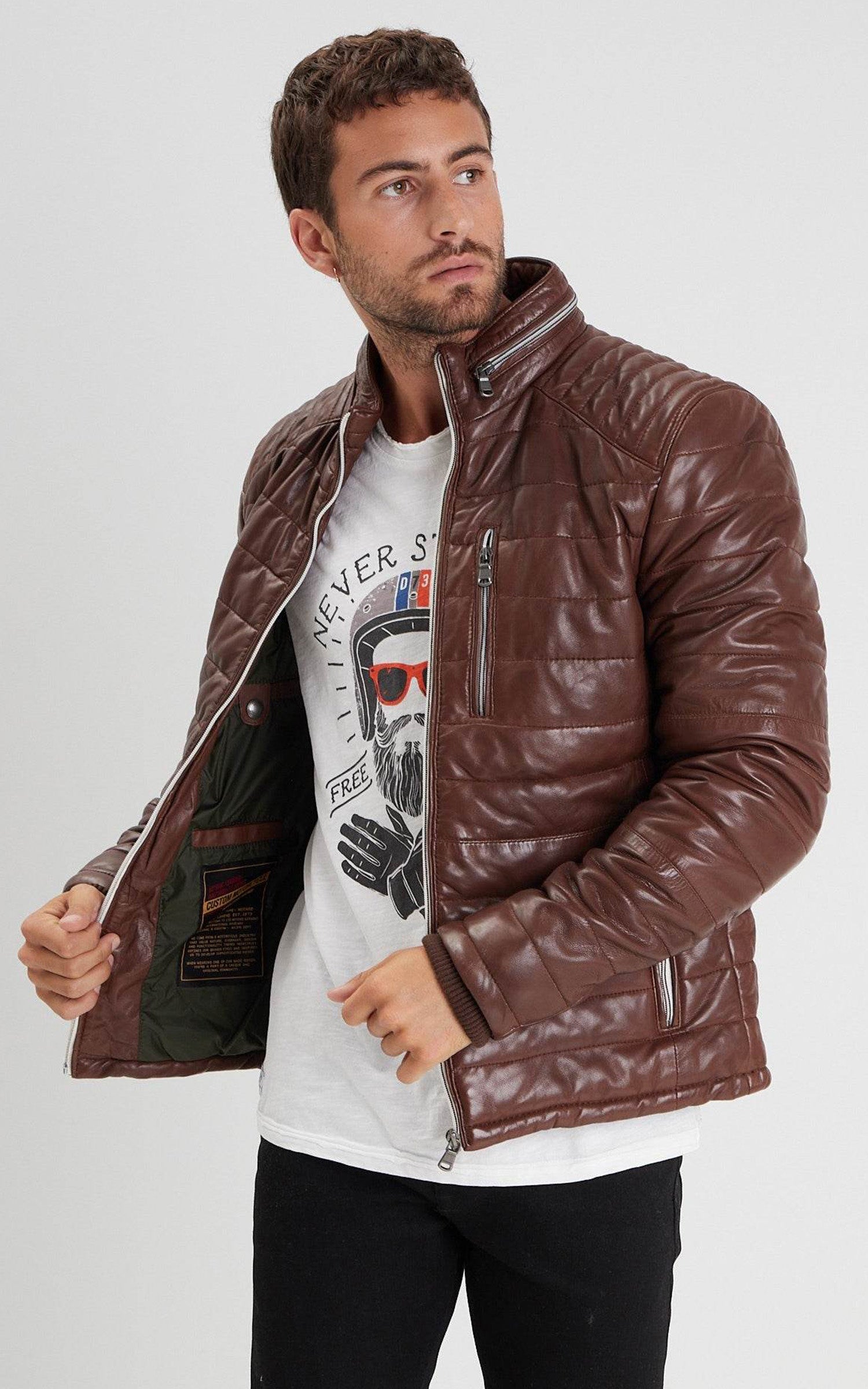 Doudoune cuir Caproni marron 2
