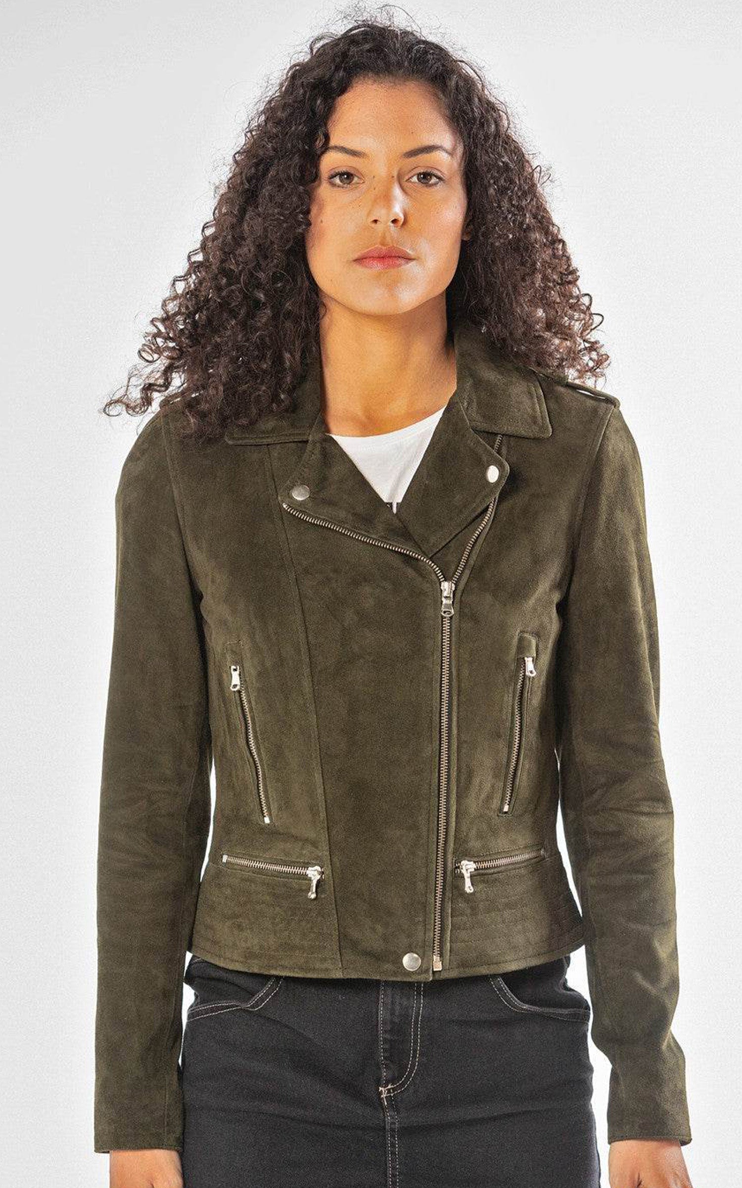 Blouson cuir chèvre velours Vela kaki 1