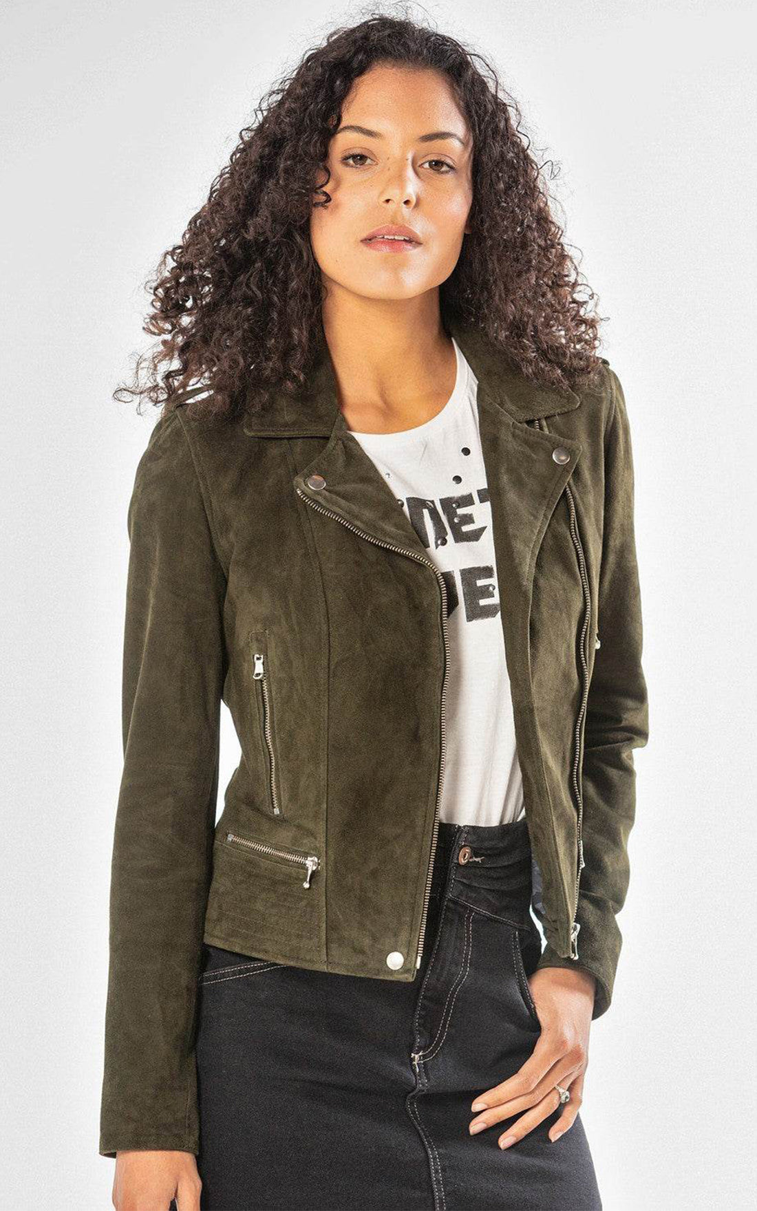 Blouson cuir chèvre velours Vela kaki