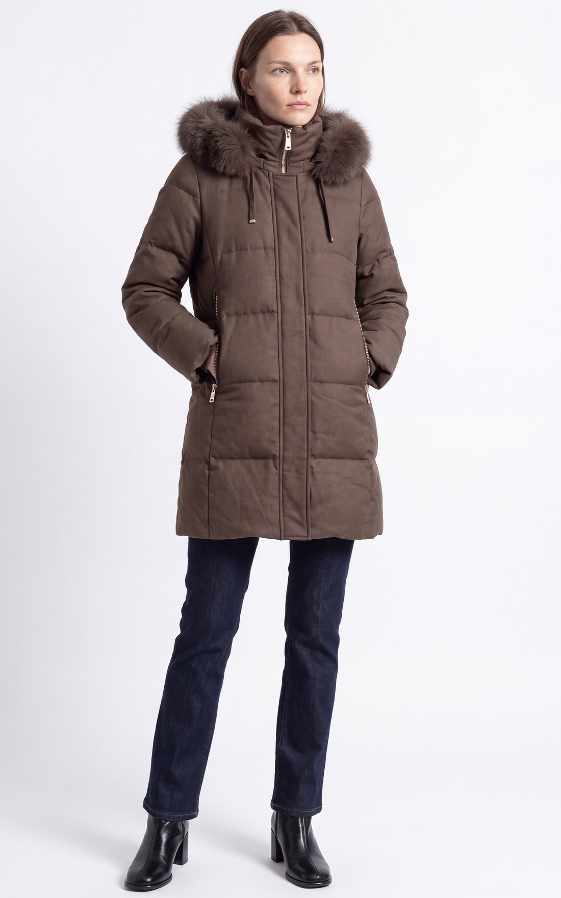Doudoune longue à capuche avec fourrure imperméable Jadabi marron
