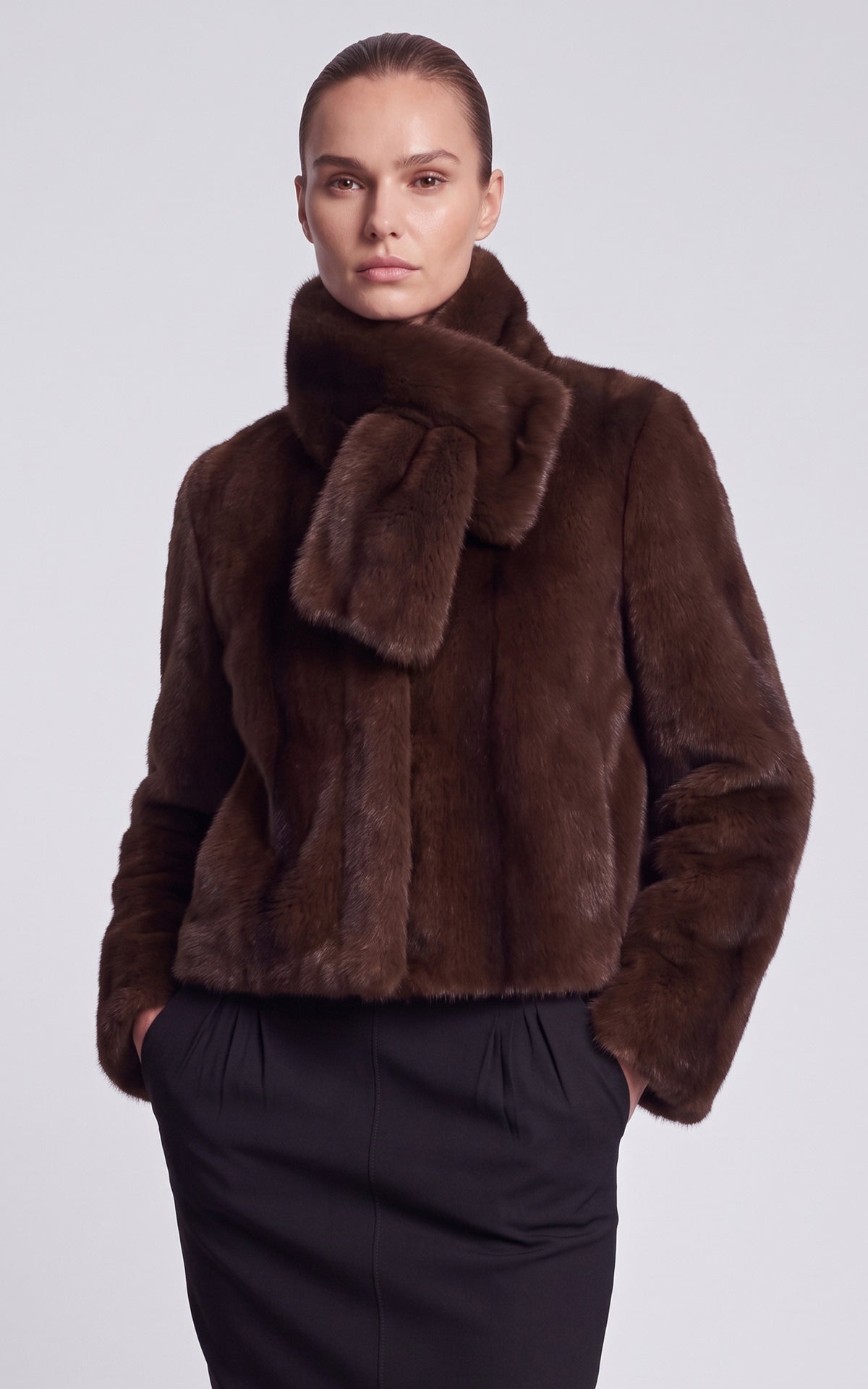 Veste courte avec écharpe vison synthétique Kendell marron 1