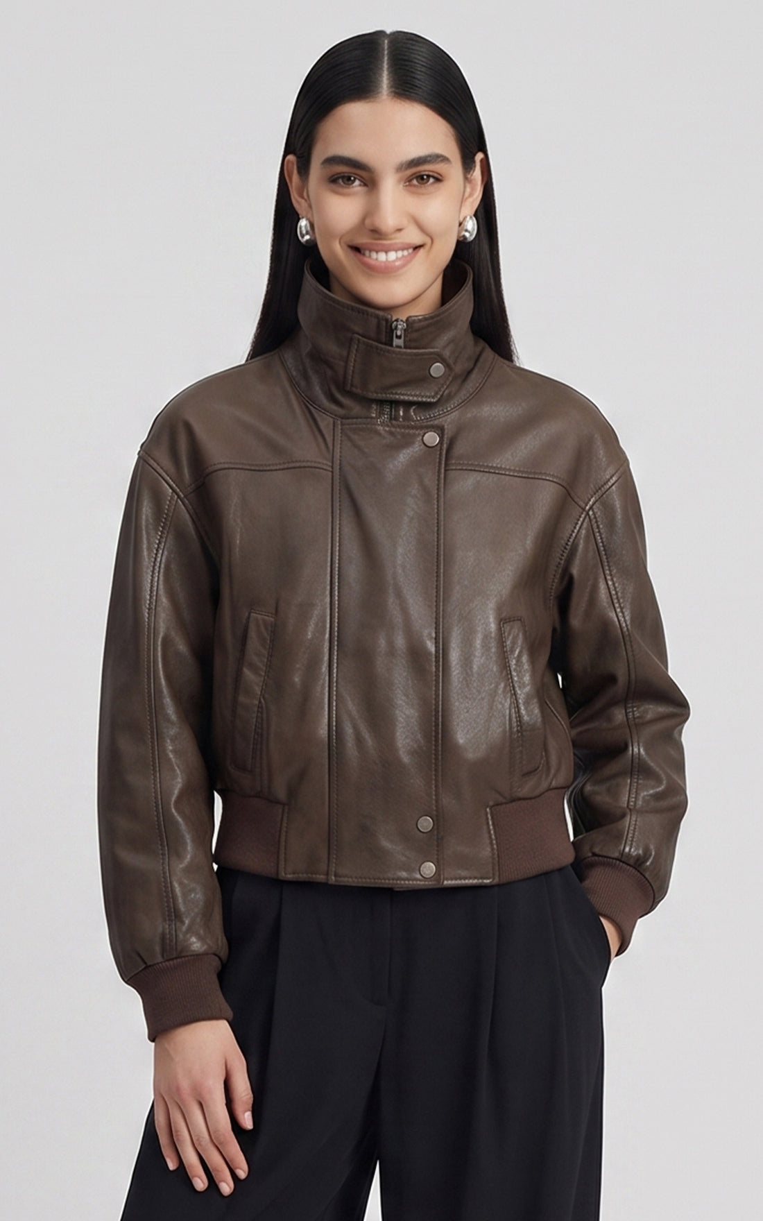 Blouson court cuir Henriette marron