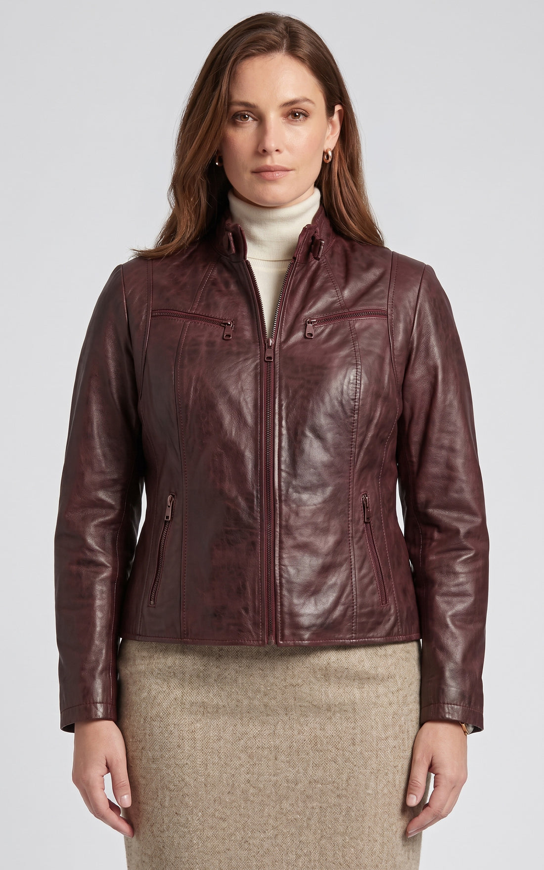 Blouson confort cuir brun cuivré