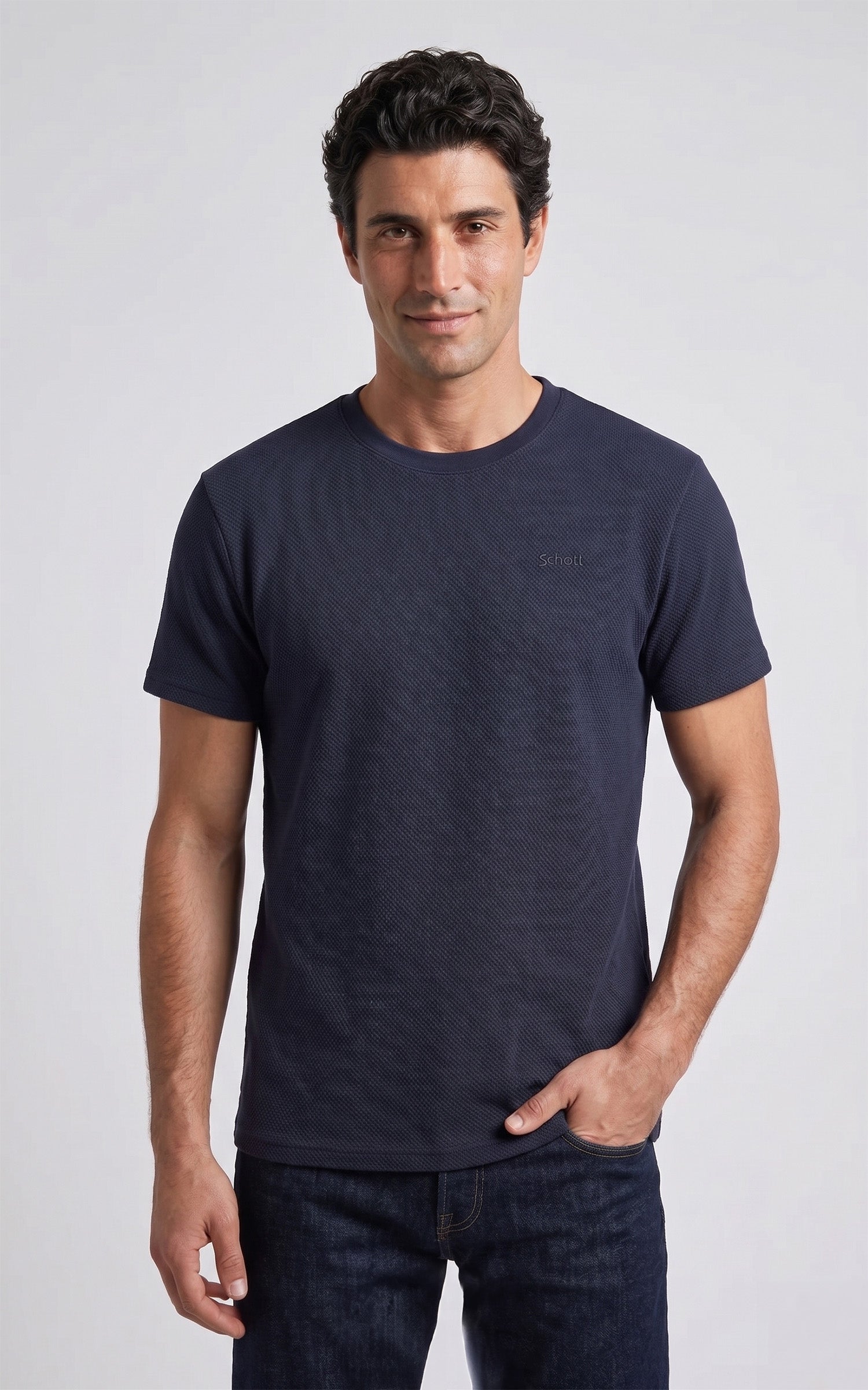 T-shirt maille effet gaufré bleu marine 1