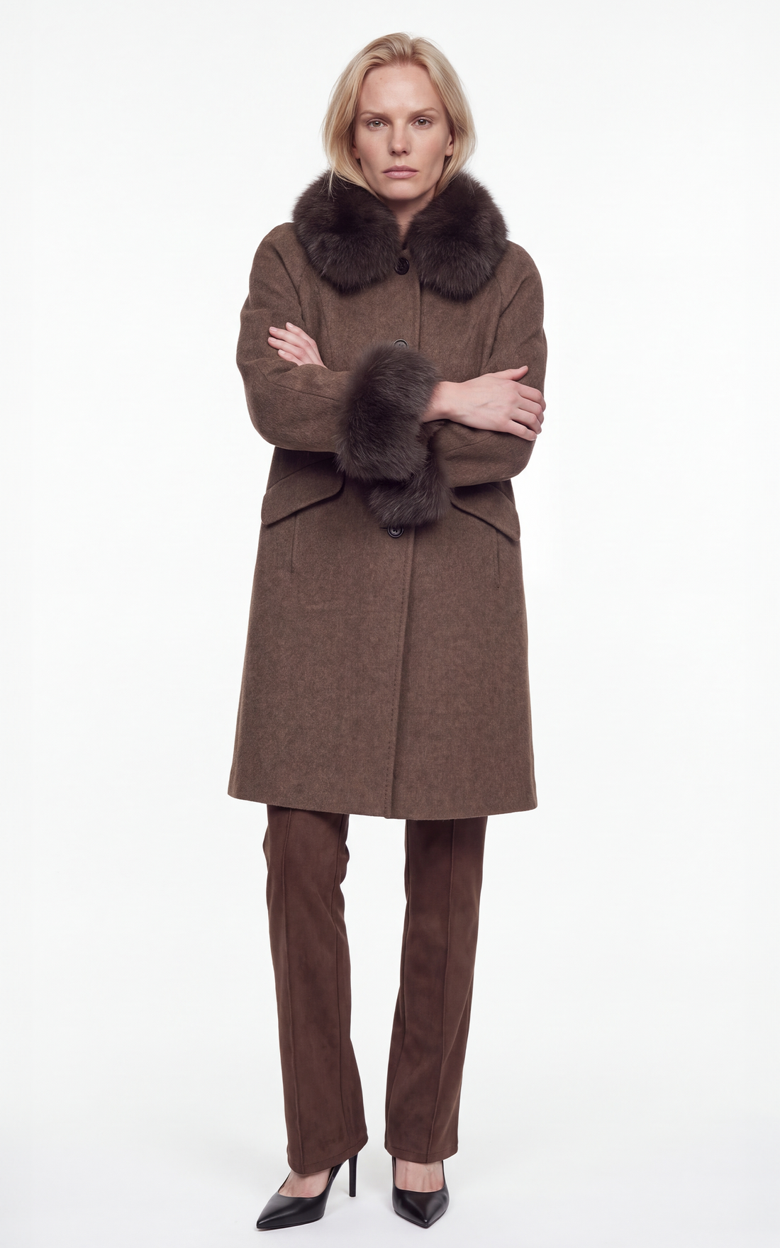 Manteau en laine et renard Jilibi marron